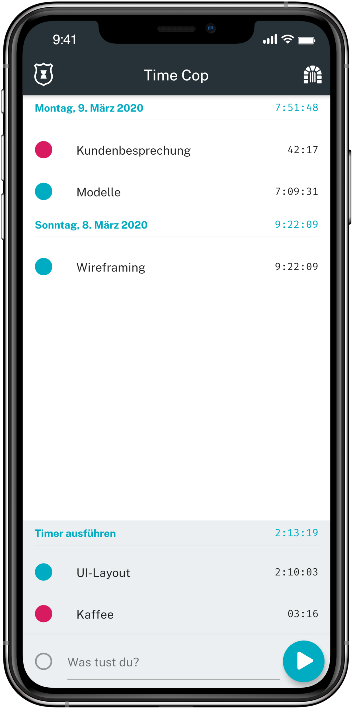 Screenshot des Haupt-Dashboards von Time Cop auf einem iPhone X.