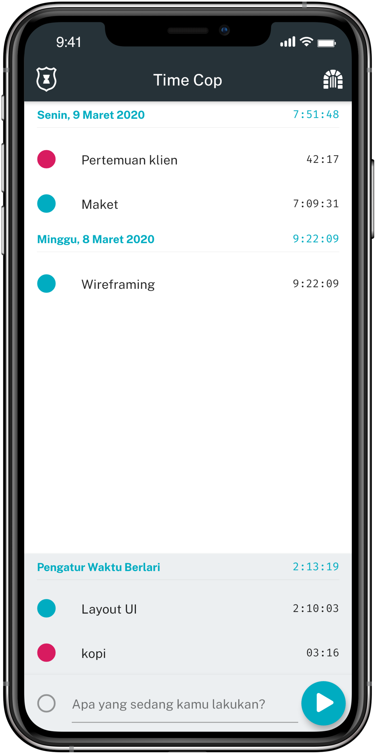 Cuplikan layar dasbor Cop Time utama pada iPhone X