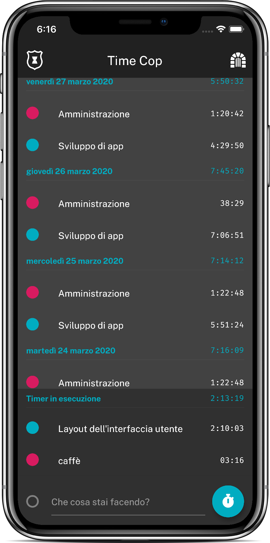 Schermata della dashboard principale di Time Cop su un iPhone X